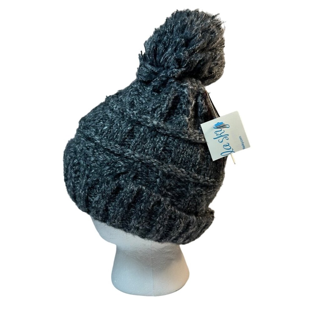 Love Of Fashion Women's Chunky Knit Faux Fur Lined Pom Pom Beanie Black Gray - Picture 2 of 6